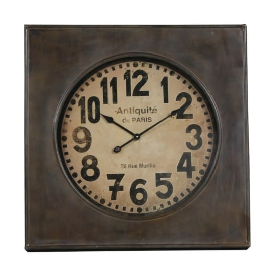 Vintage-style wall clock with brown frame and beige face on a white background