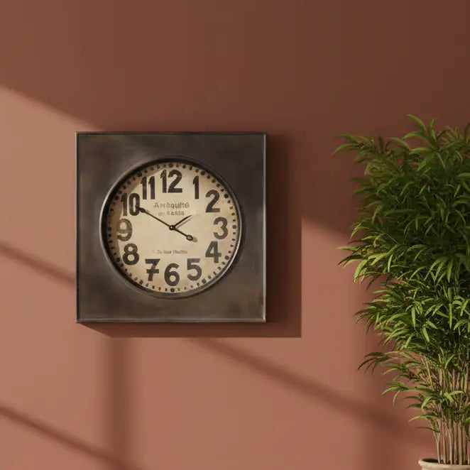 Decorative wall clock on a brown wall with a plant to the right