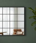 Decorative mirror with a grid design on a wall with a plant to the right.