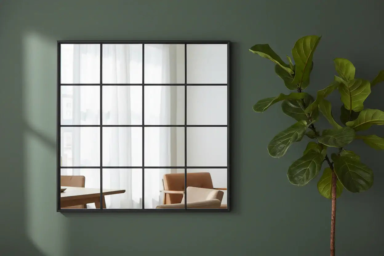 Decorative mirror with a grid design on a wall with a plant to the right.
