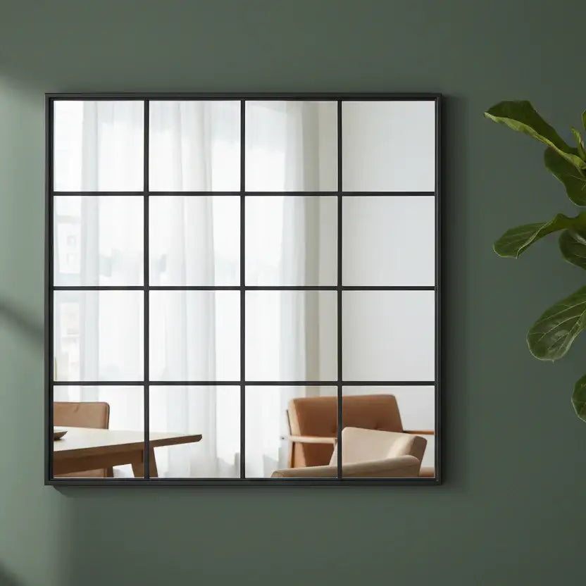 Decorative mirror with a black frame on a green wall, reflecting a room with furniture.