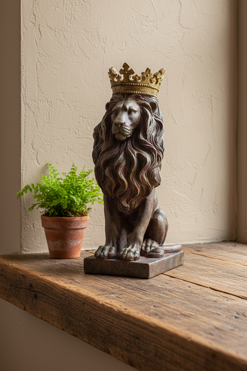 A bronze lion statue wearing a gold crown, displayed on a rustic wooden windowsill next to a small potted green plant against a textured beige wall.