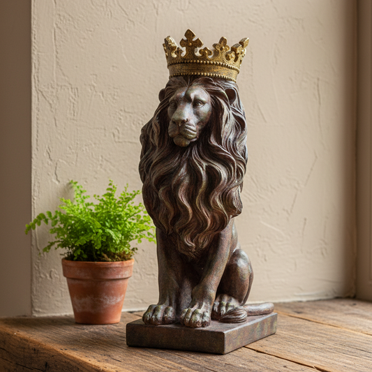 A bronze-finished lion statue wearing a gold crown, displayed on a rustic wooden surface next to a small potted fern against a textured beige wall.