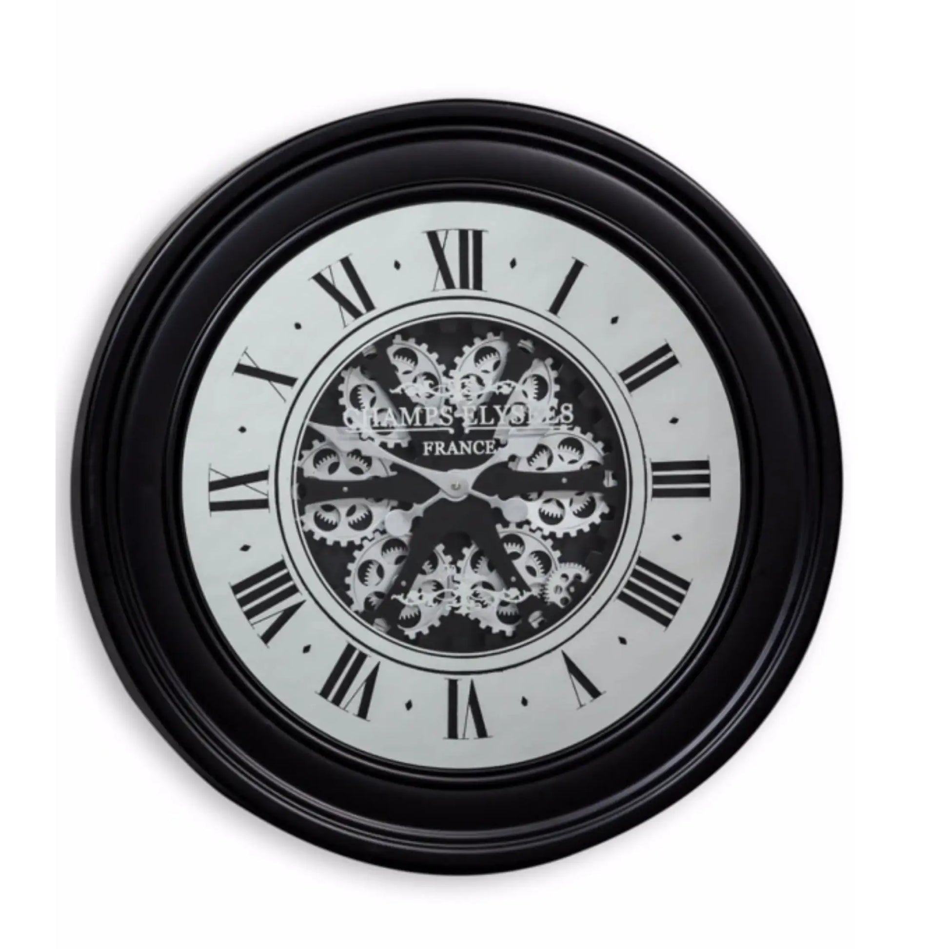 Decorative wall clock with black frame and silver gears on a white background
