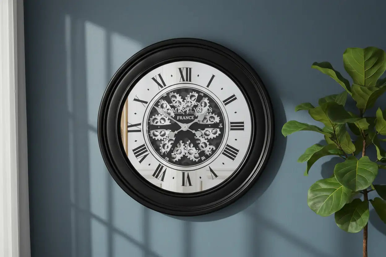 Decorative wall clock with black frame and white face on a blue wall with a plant to the right.