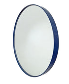 A round wall mirror with a glossy dark blue frame, shown at a slight angle against a plain white background.
