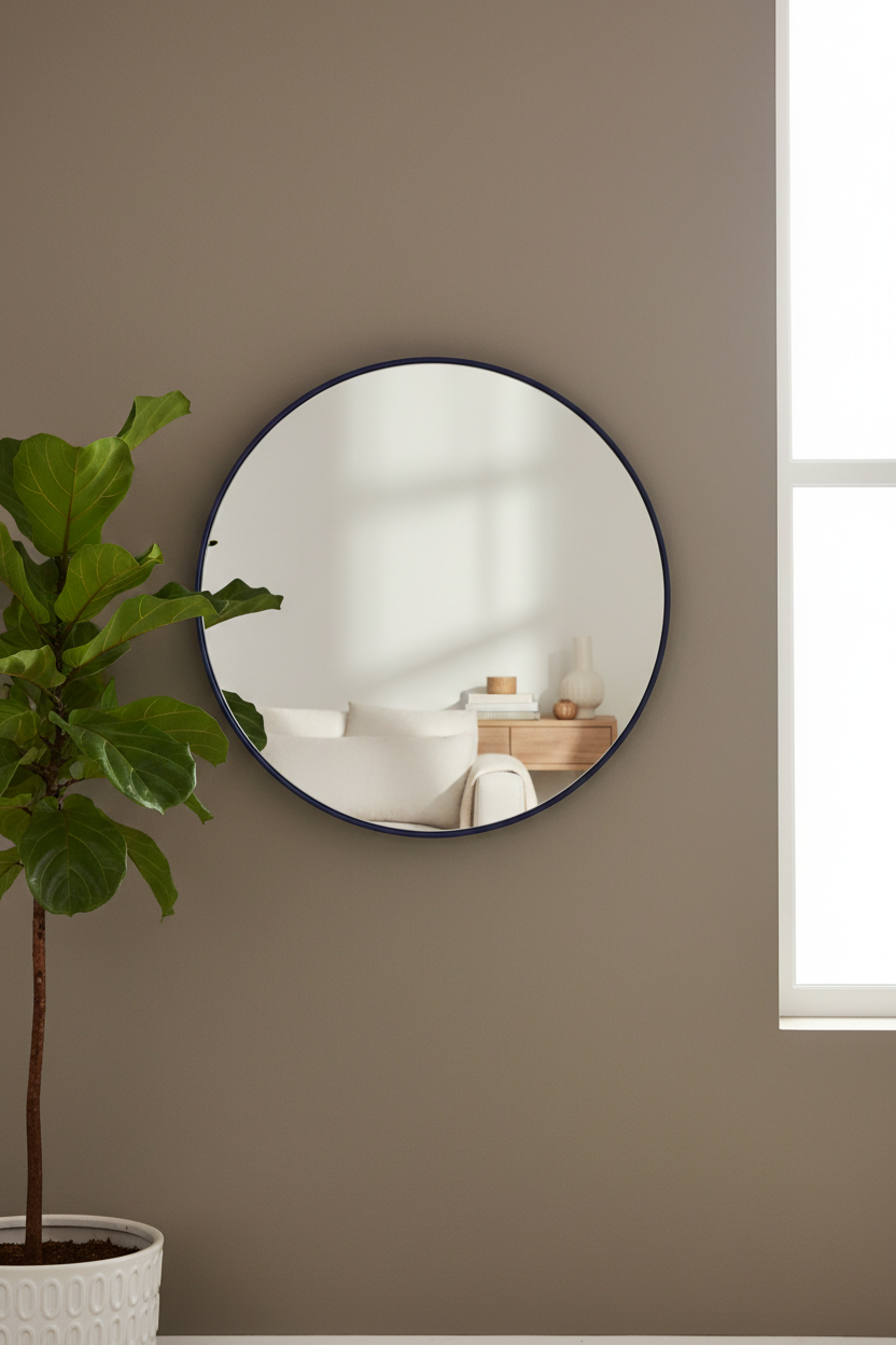 A round wall mirror with a thin dark frame hangs on a warm taupe wall, reflecting a softly lit interior. A potted green plant is visible on the left, and a bright window is on the right.