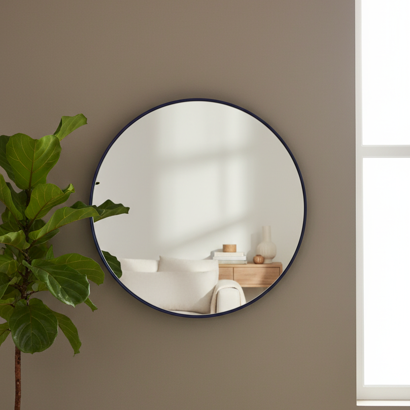 Round wall mirror with a thin dark navy frame, mounted on a warm taupe wall next to a green fiddle-leaf fig plant. The mirror reflects a softly lit modern interior with white furniture and a wooden side table.
