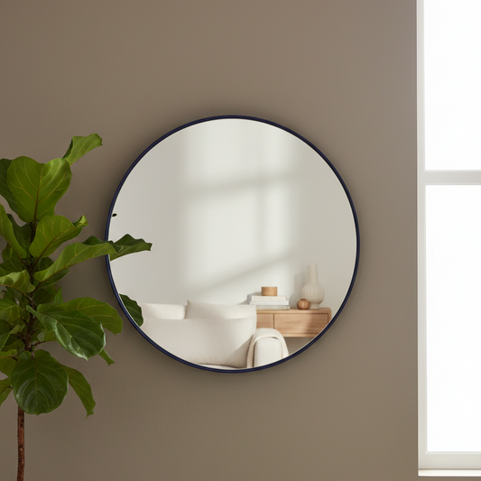 Round wall mirror with a thin dark navy frame, mounted on a warm taupe wall next to a green fiddle-leaf fig plant. The mirror reflects a softly lit modern interior with white furniture and a wooden side table.