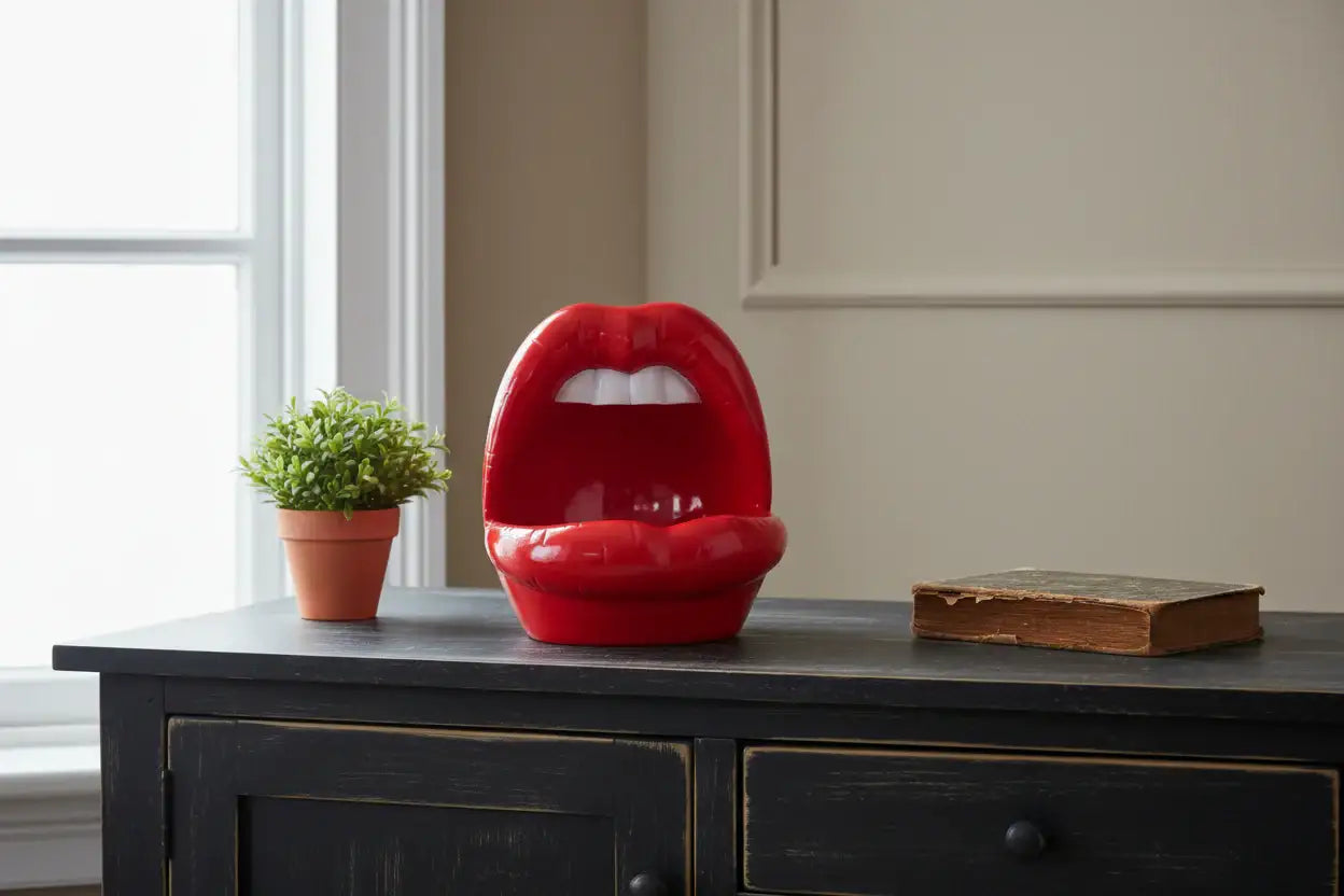 Red lip-shaped object on a dark wooden surface with a plant and book in the background.