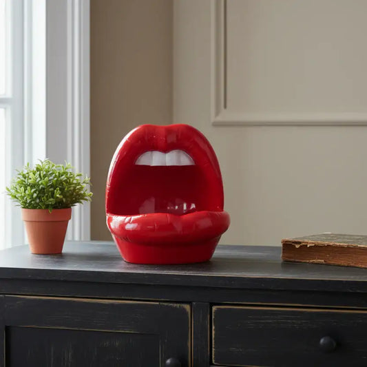 Red lip-shaped object on a wooden surface with a plant and book in the background.