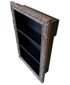 Decorative bookshelf with a textured brown frame on a white background