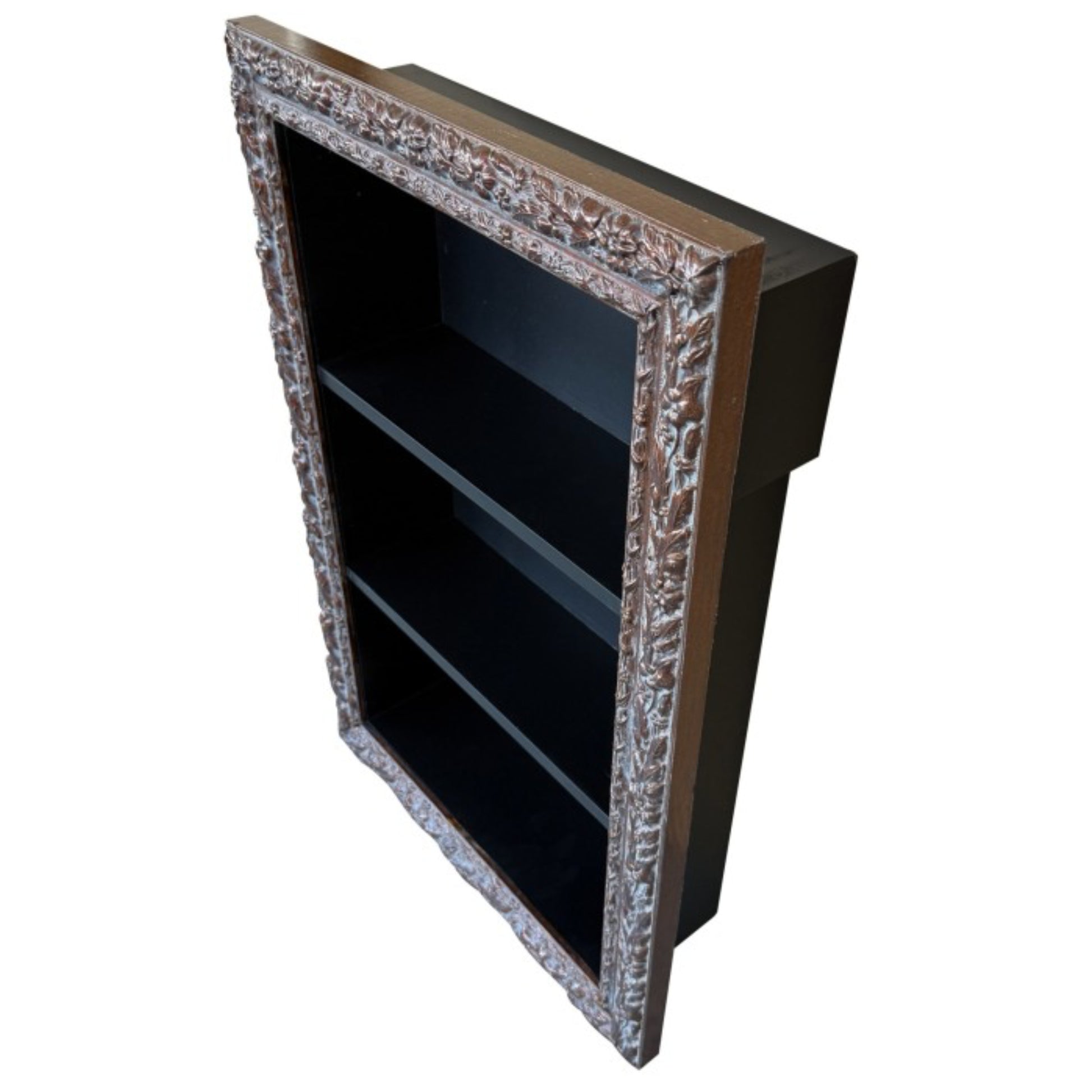 Decorative bookshelf with a textured brown frame on a white background