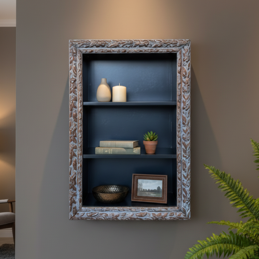 Decorative wall shelf with various items against a neutral wall