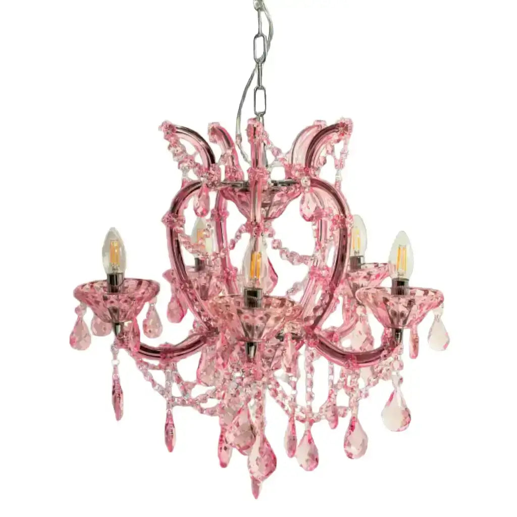Pink chandelier with crystal accents on a white background