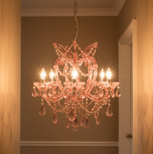 A pink crystal chandelier with six lit candle-style bulbs hanging in a hallway with warm beige walls.