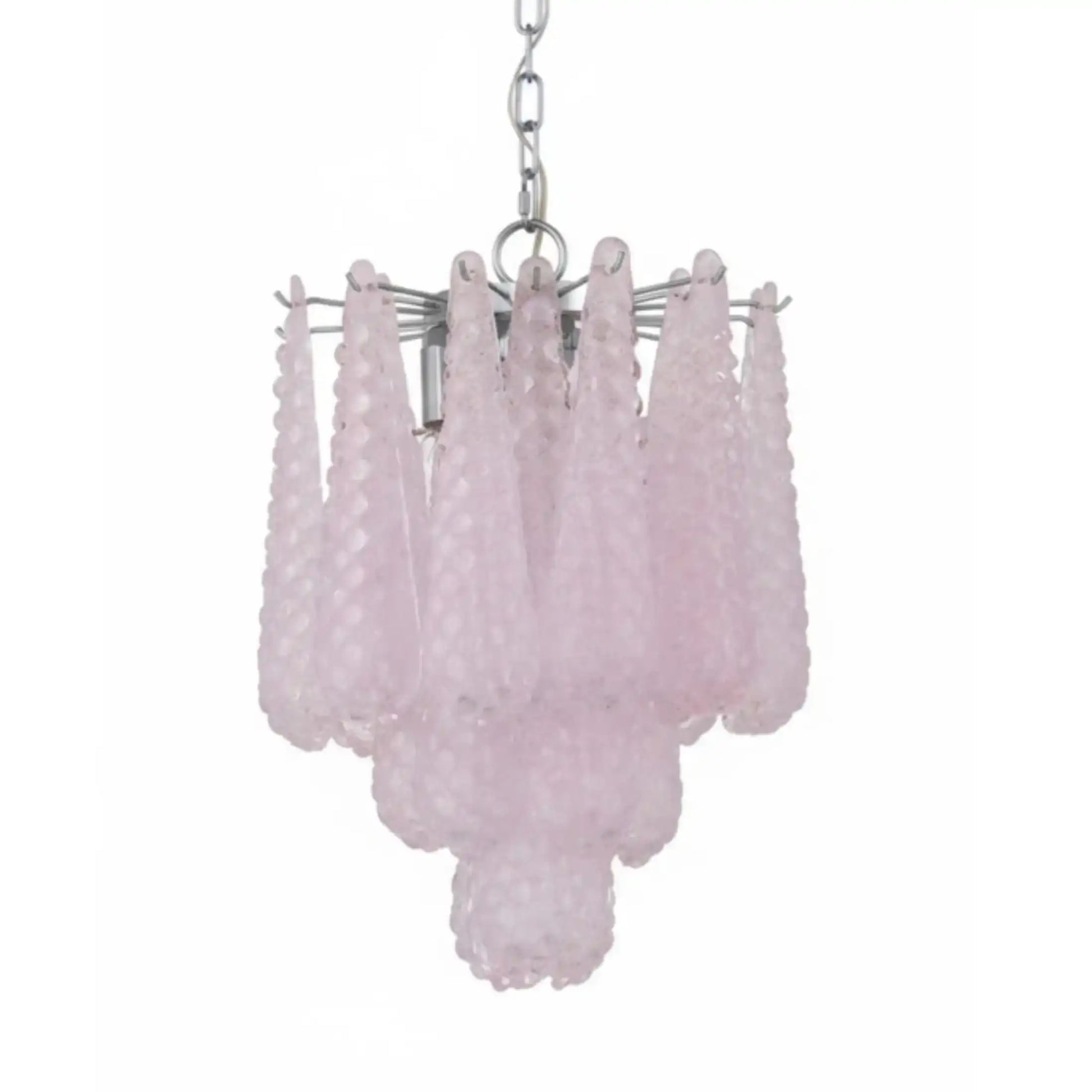 Pink chandelier with a chain on a white background