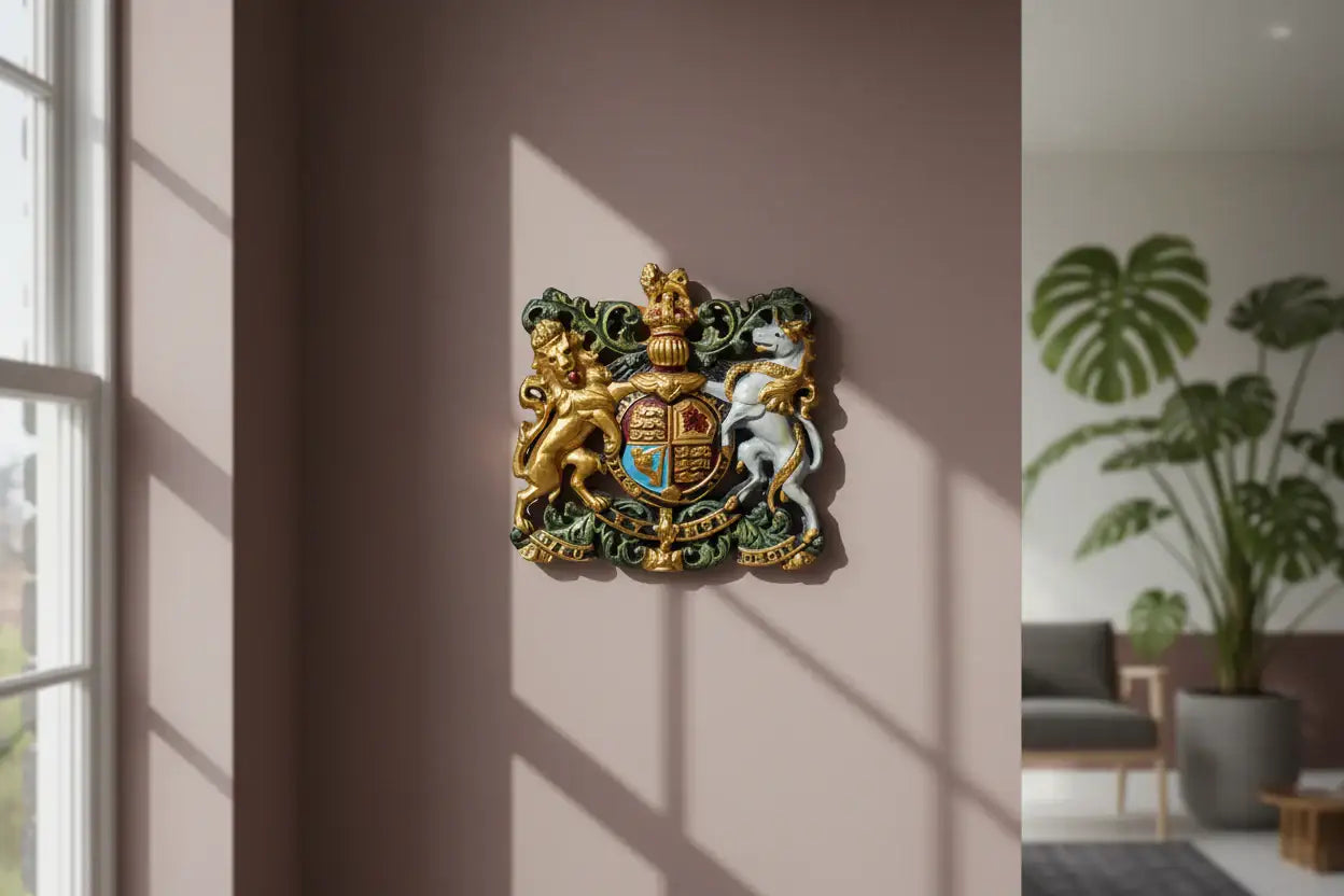 Decorative wall emblem on a wall with a modern interior setting