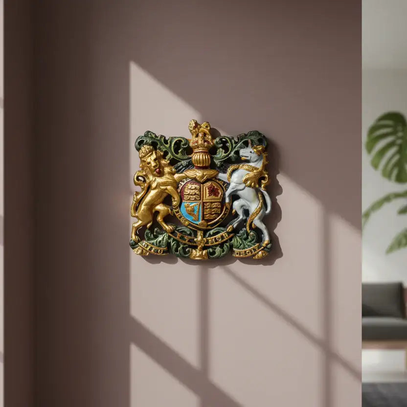 Decorative wall emblem with a lion and unicorn design on a beige wall.