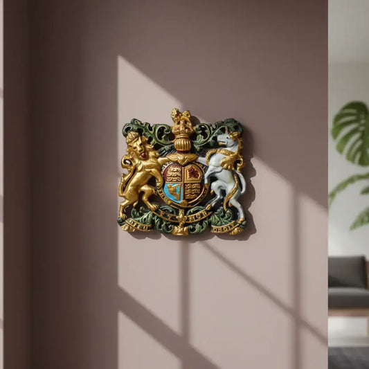 Decorative wall emblem with a lion and unicorn design on a beige wall.