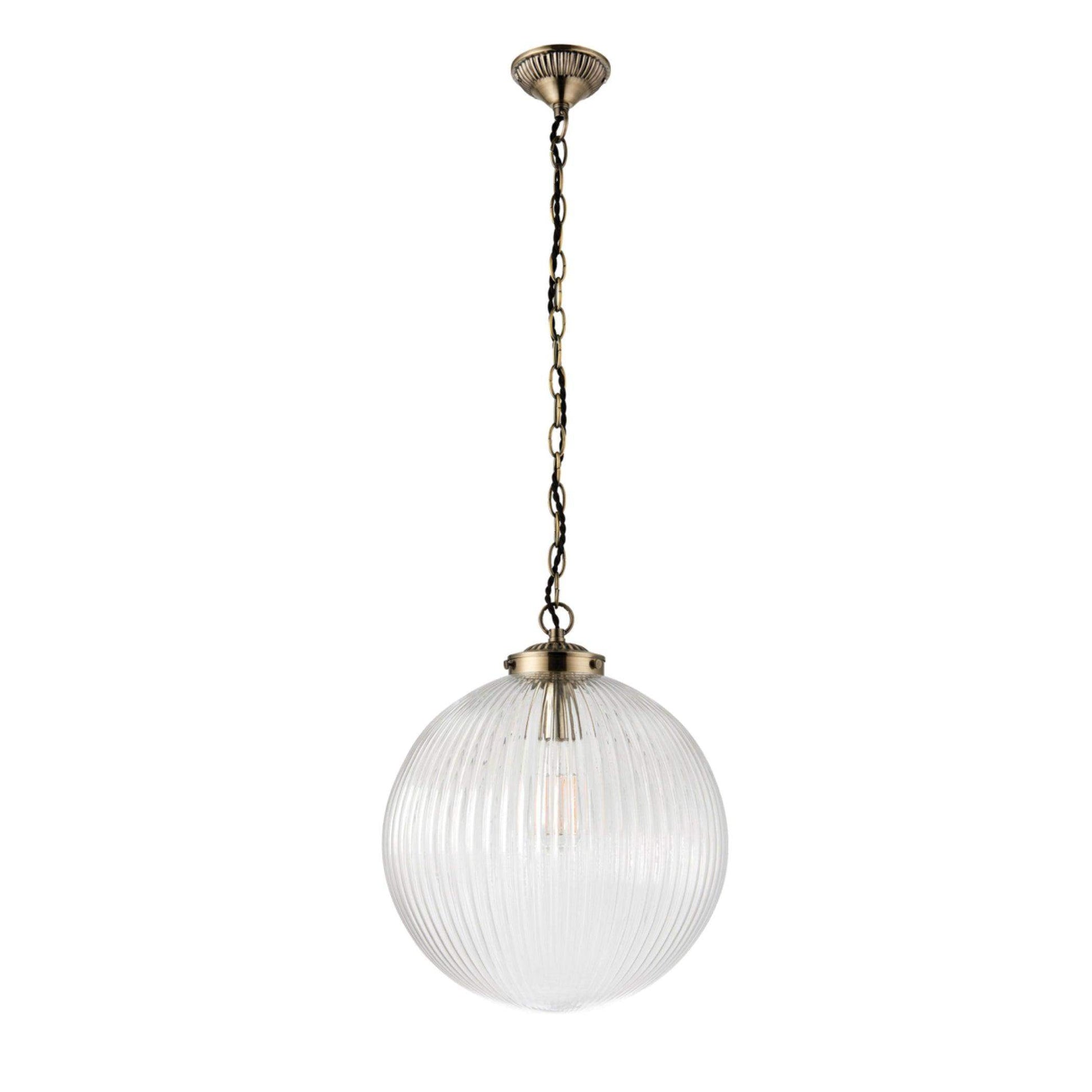 Large Ribbed Glass Globe Pendant Light - Antique brass - The Farthing