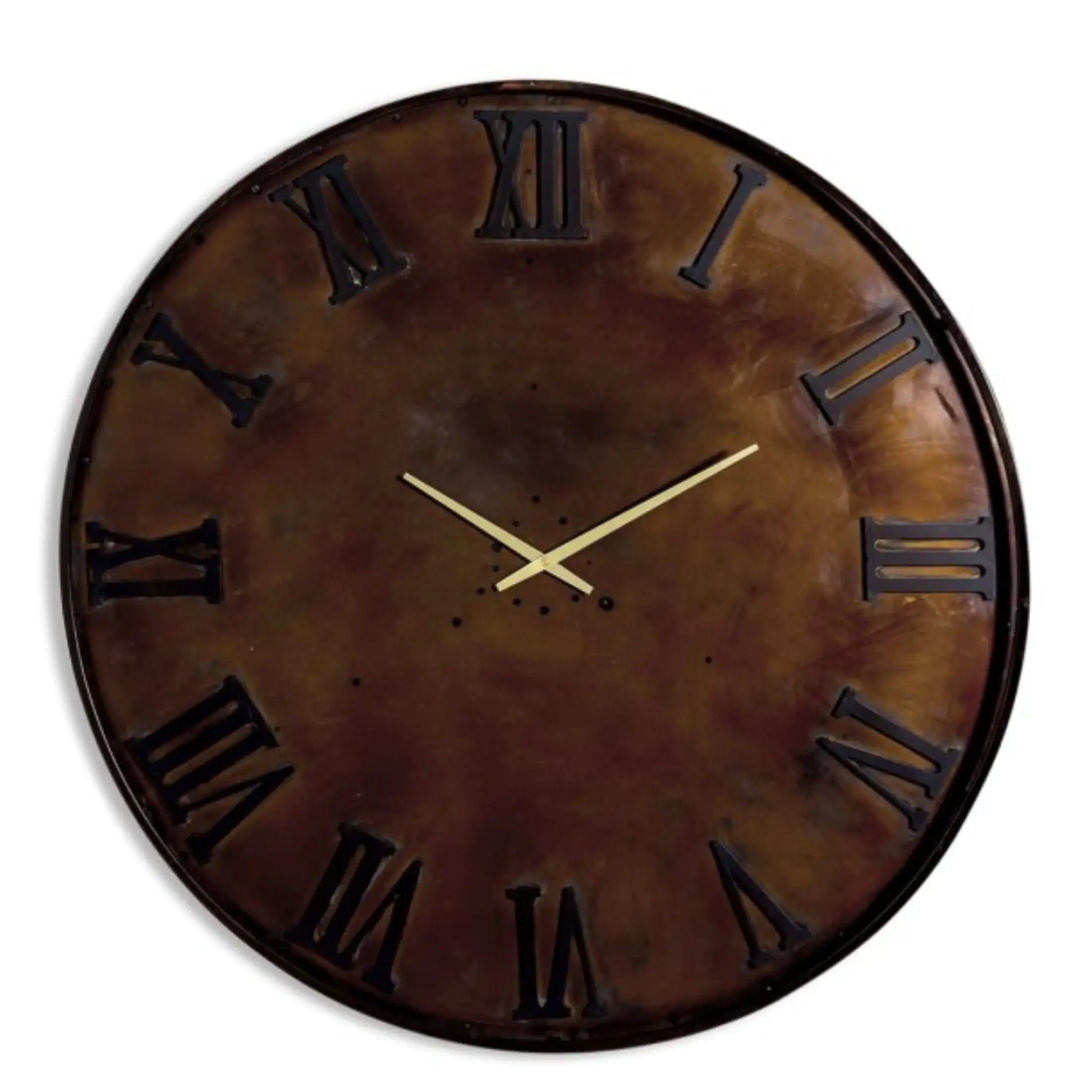 Round wall clock with Roman numerals on a white background