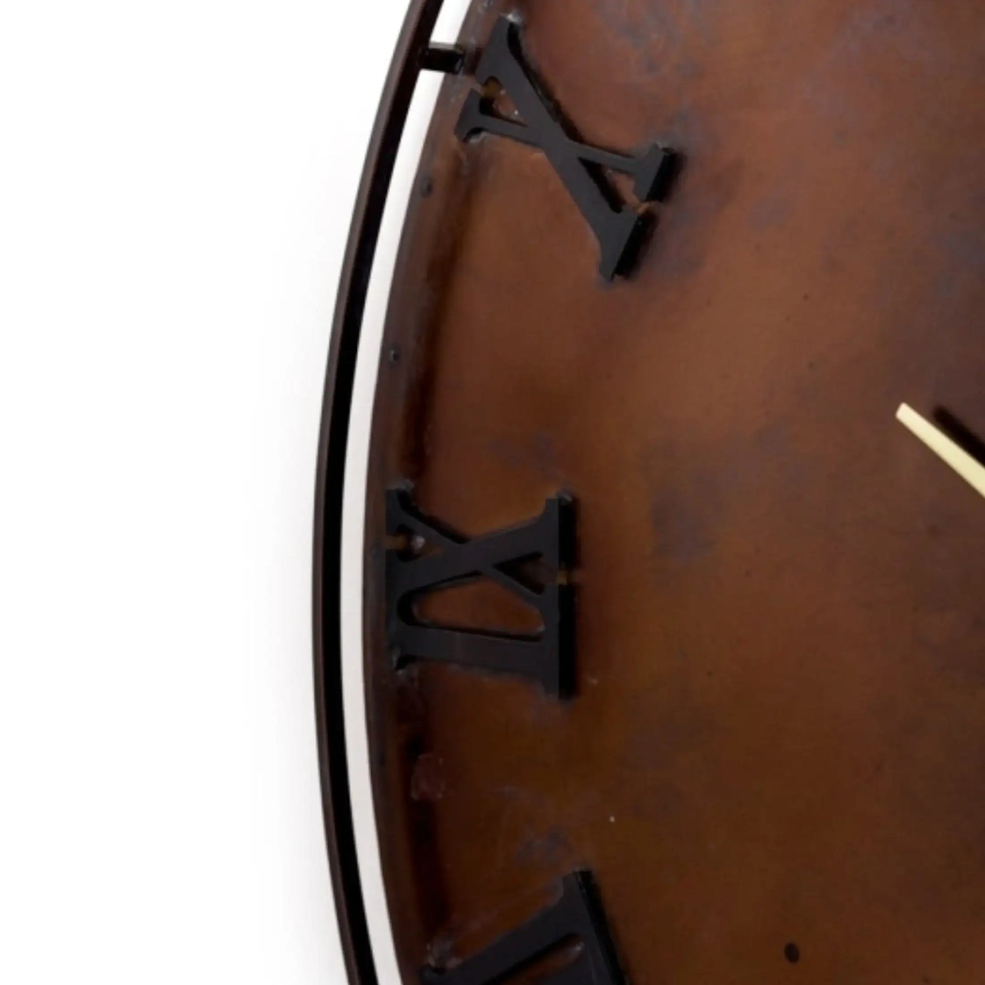 Close-up of a wooden wall clock with Roman numerals on a white background
