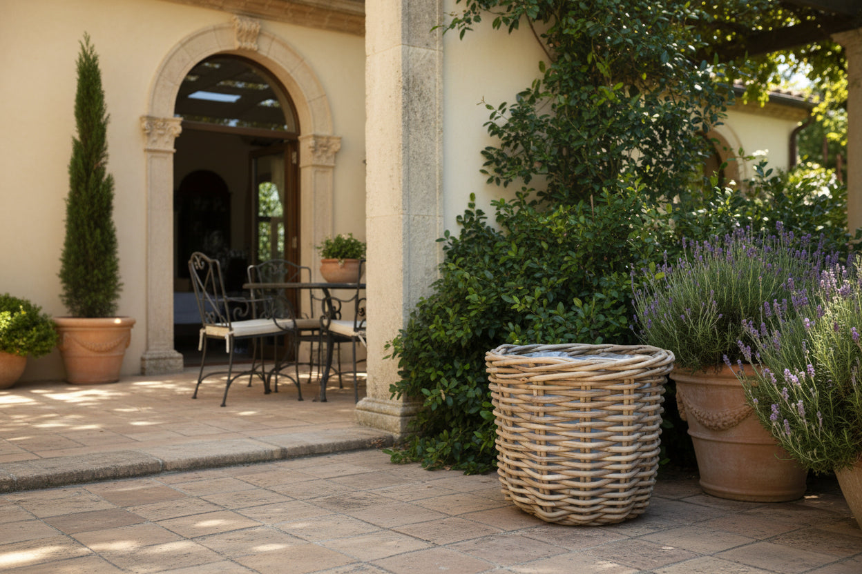 Wicker plant pot with a white background