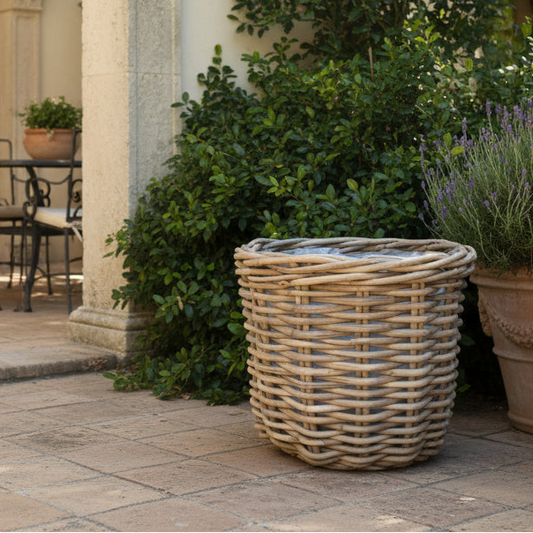 Wicker planter with plants on a patio