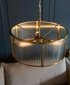 Large Round Ribbed Glass & Antique Brass Pendant Light