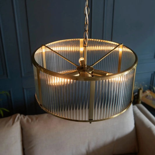 Large Round Ribbed Glass & Antique Brass Pendant Light