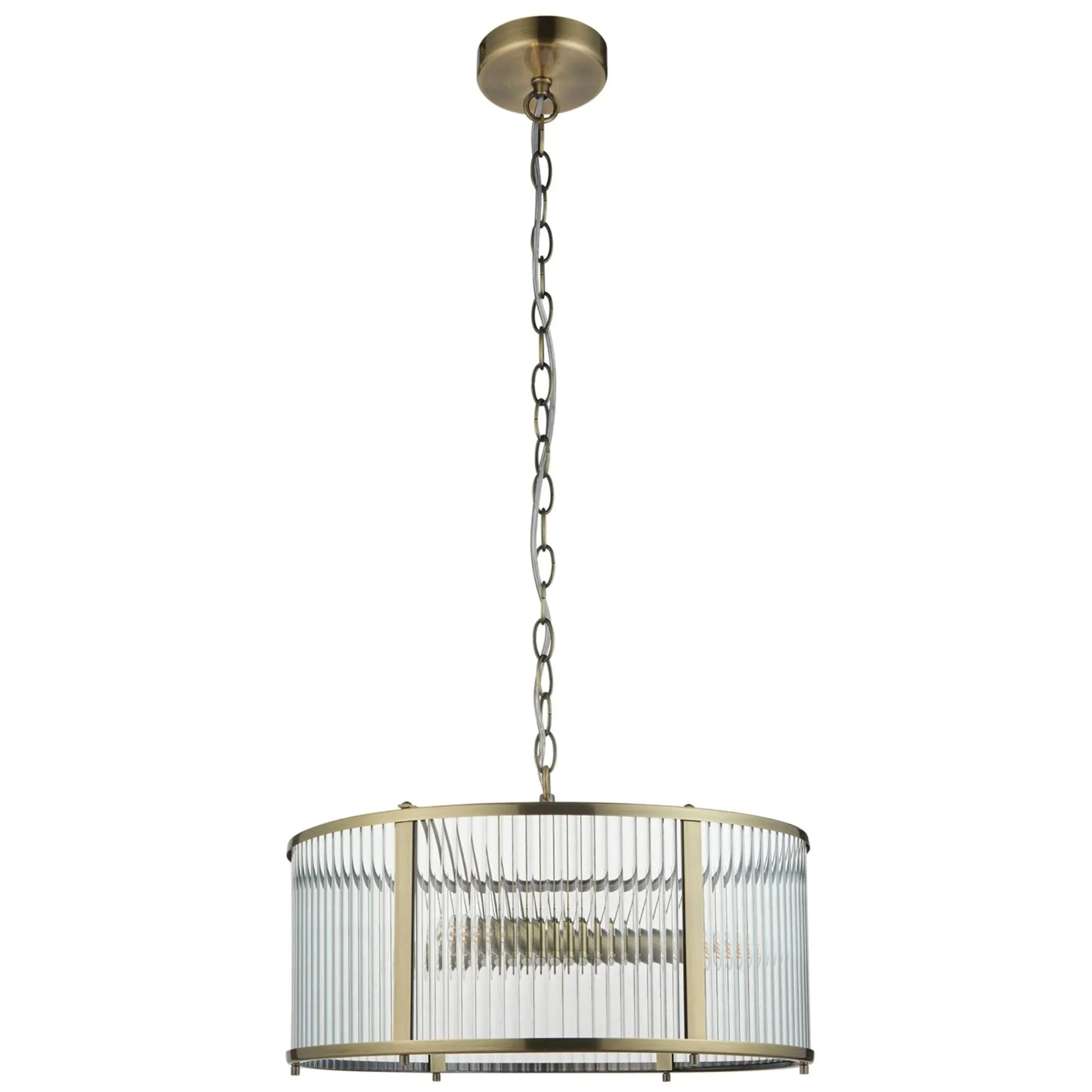 Large Round Ribbed Glass & Antique Brass Pendant Light 2