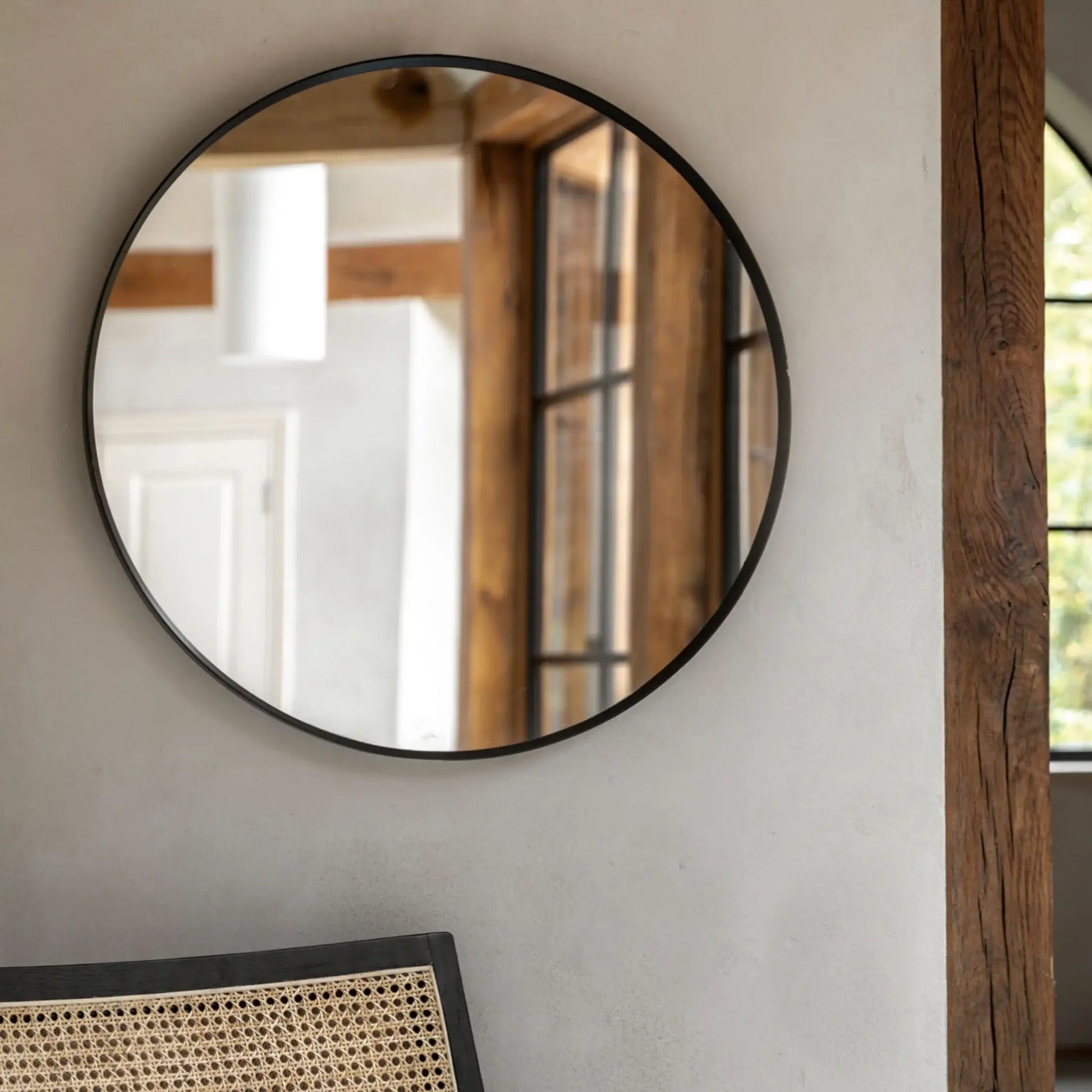 Large Round Slim Black Metal Frame Mirror