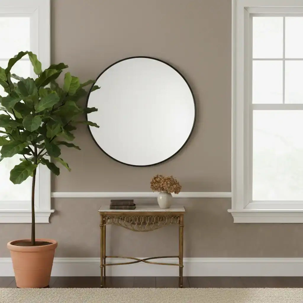 Large Round Slim Black Metal Frame Mirror 1