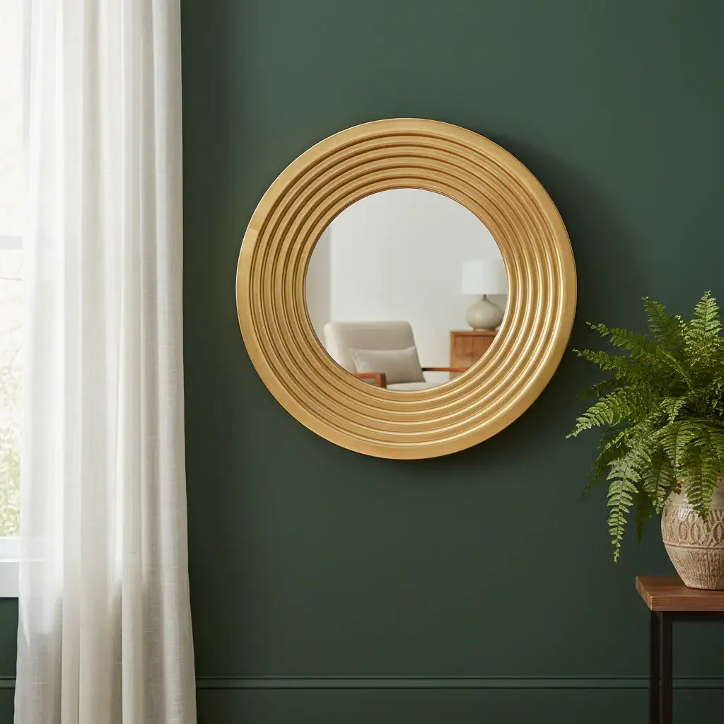 Round wooden mirror on a green wall with a plant and window in the background