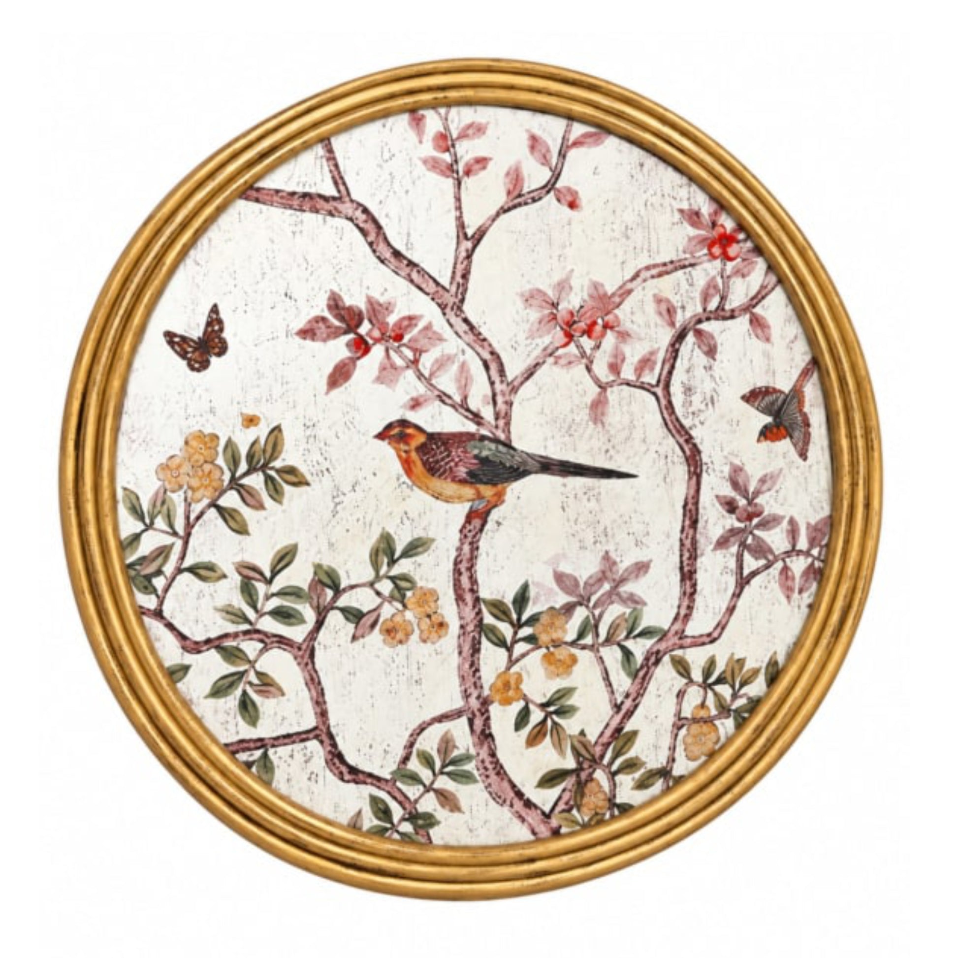 Round framed wall art featuring a botanical and bird illustration with a bird perched on branches, flowers, leaves, and butterflies on a textured off-white background, surrounded by a gold-toned frame.