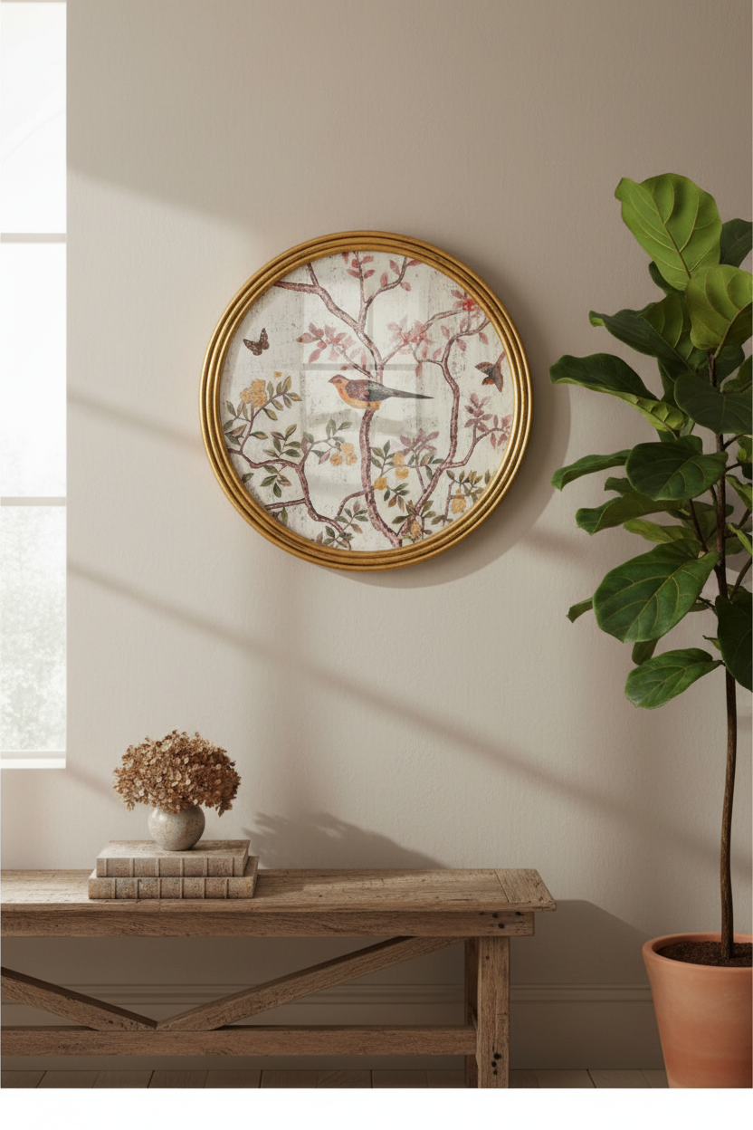 Round wall clock with a gold frame and a vintage-style bird and floral illustration on the face, styled on a beige wall above a rustic wooden bench with a potted plant nearby.