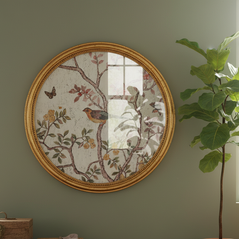 Round framed wall mirror with an ornate gold frame and a vintage-style botanical illustration of a bird and flowers, mounted on a sage green wall next to a potted fiddle-leaf fig plant.
