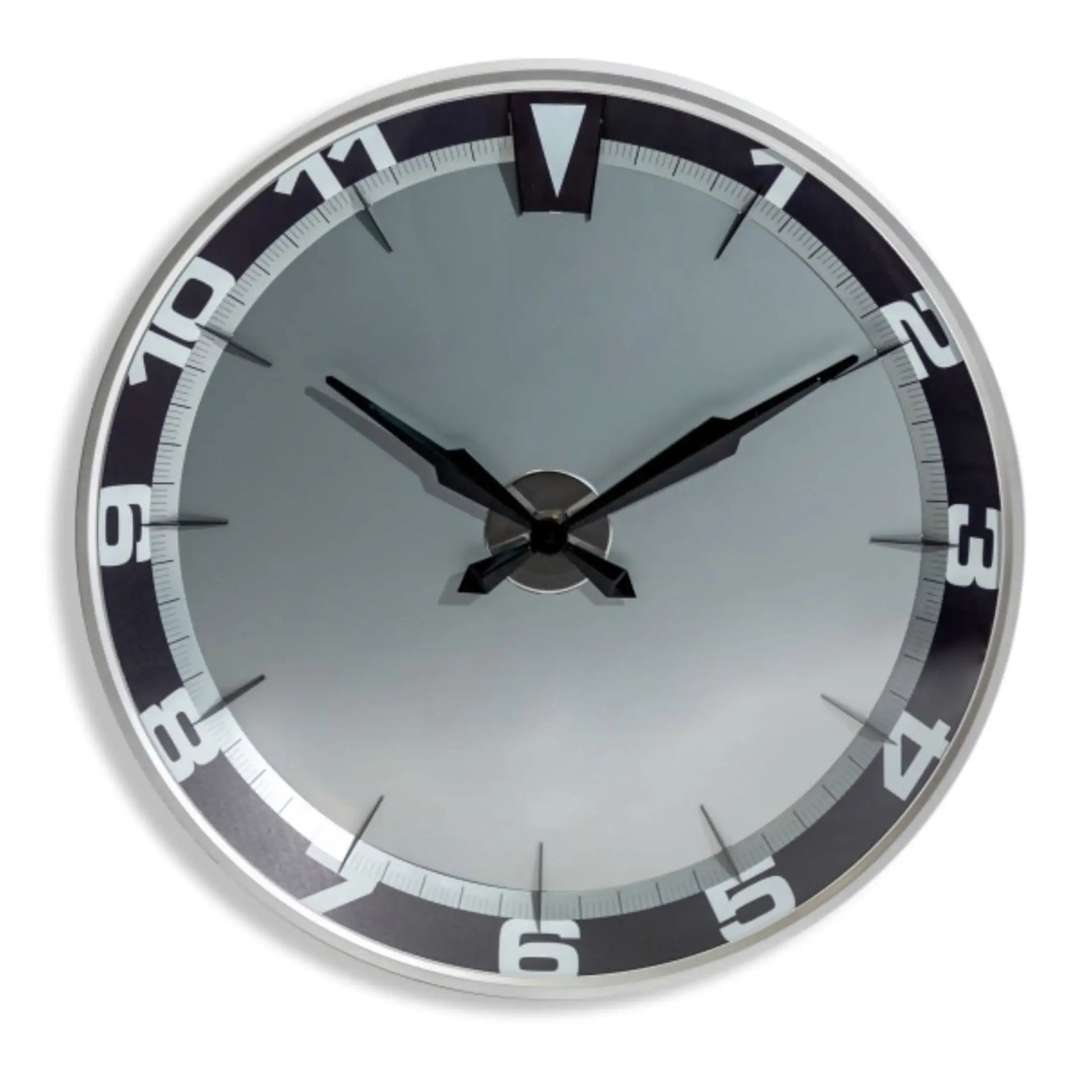 Round wall clock with black and silver design on a white background