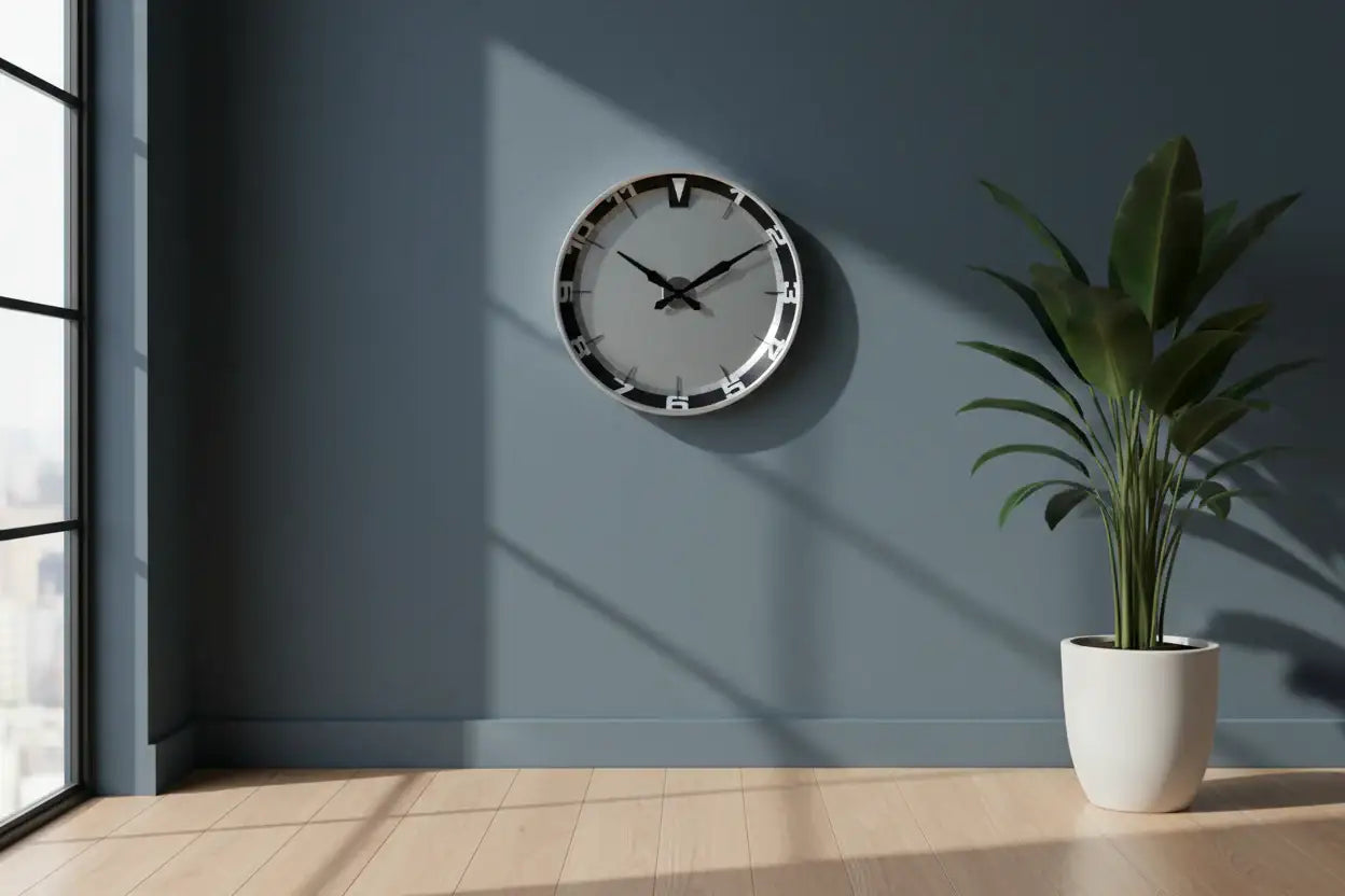 Wall clock on a gray wall with a plant on a wooden floor