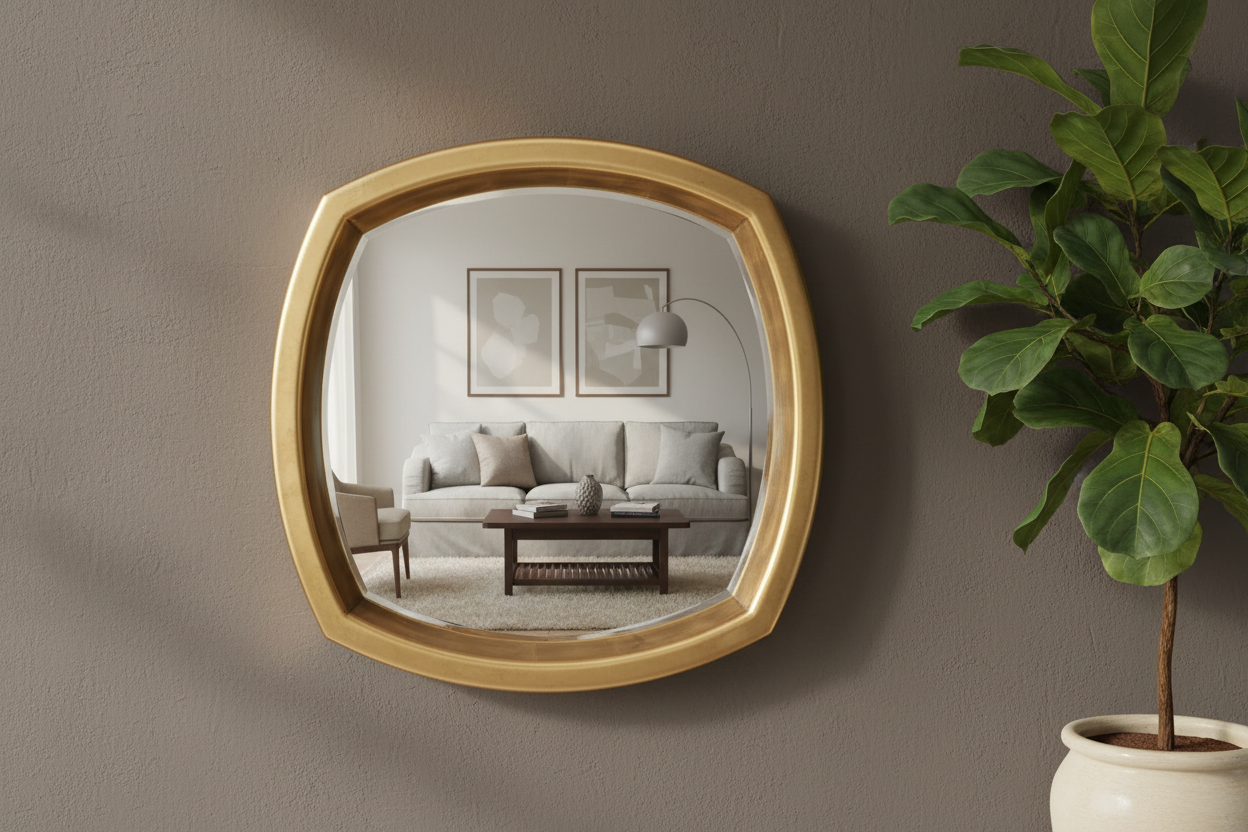 Gold-framed mirror on a wall reflecting a living room with a sofa and coffee table.