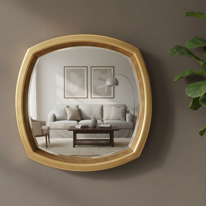 Gold-framed mirror reflecting a living room with a sofa and coffee table.
