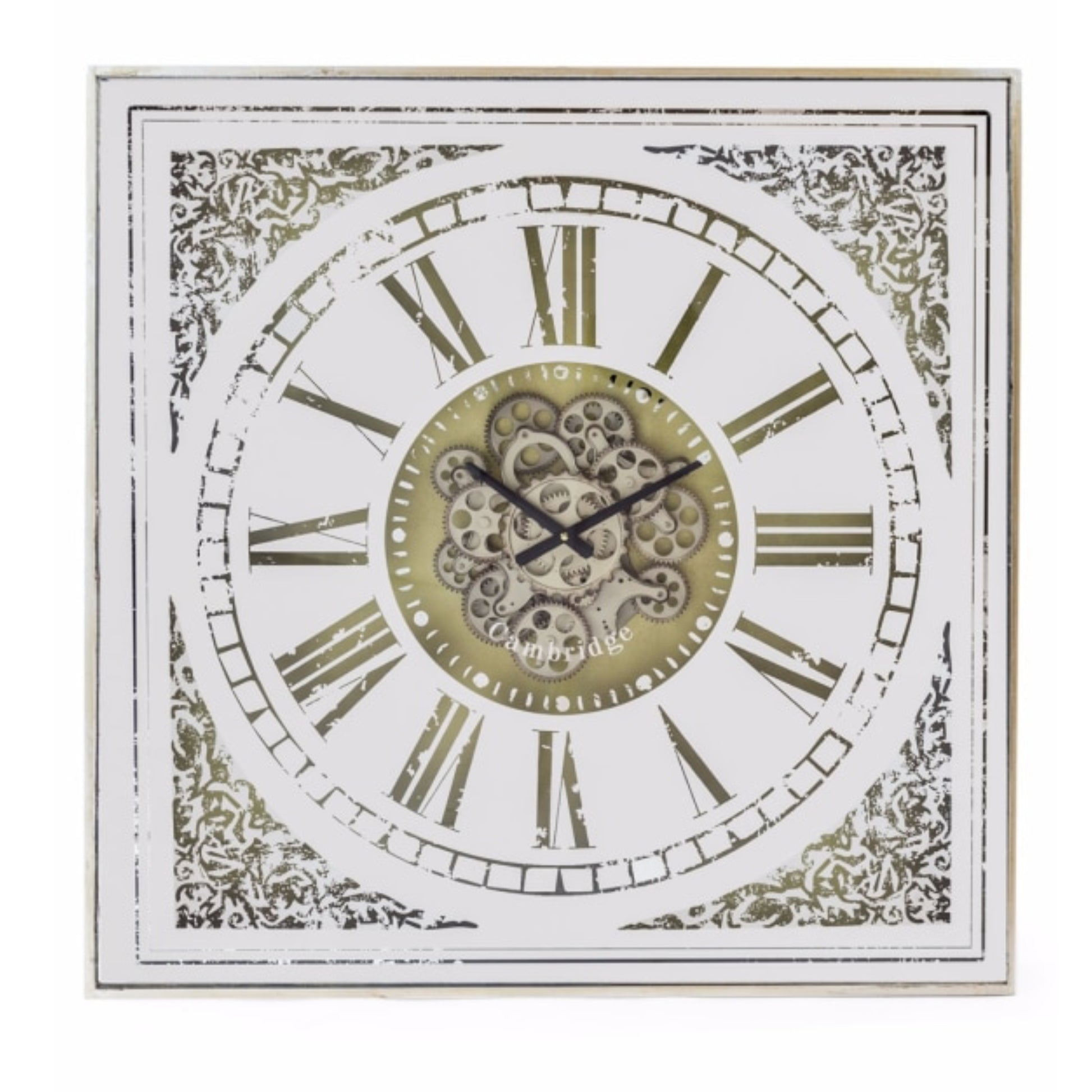 Decorative wall clock with Roman numerals and intricate design on a white background