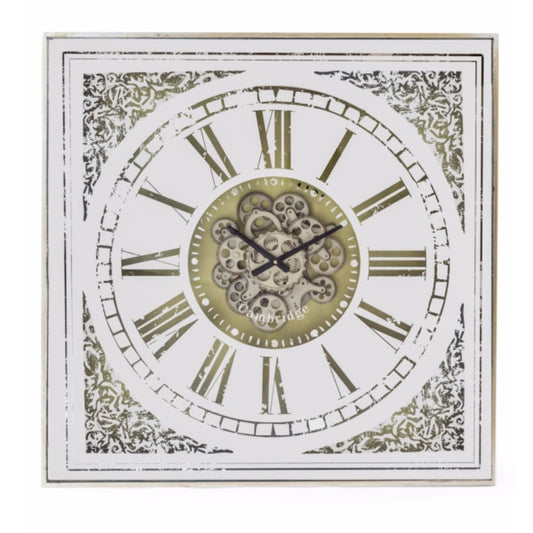 Decorative wall clock with Roman numerals and intricate design on a white background
