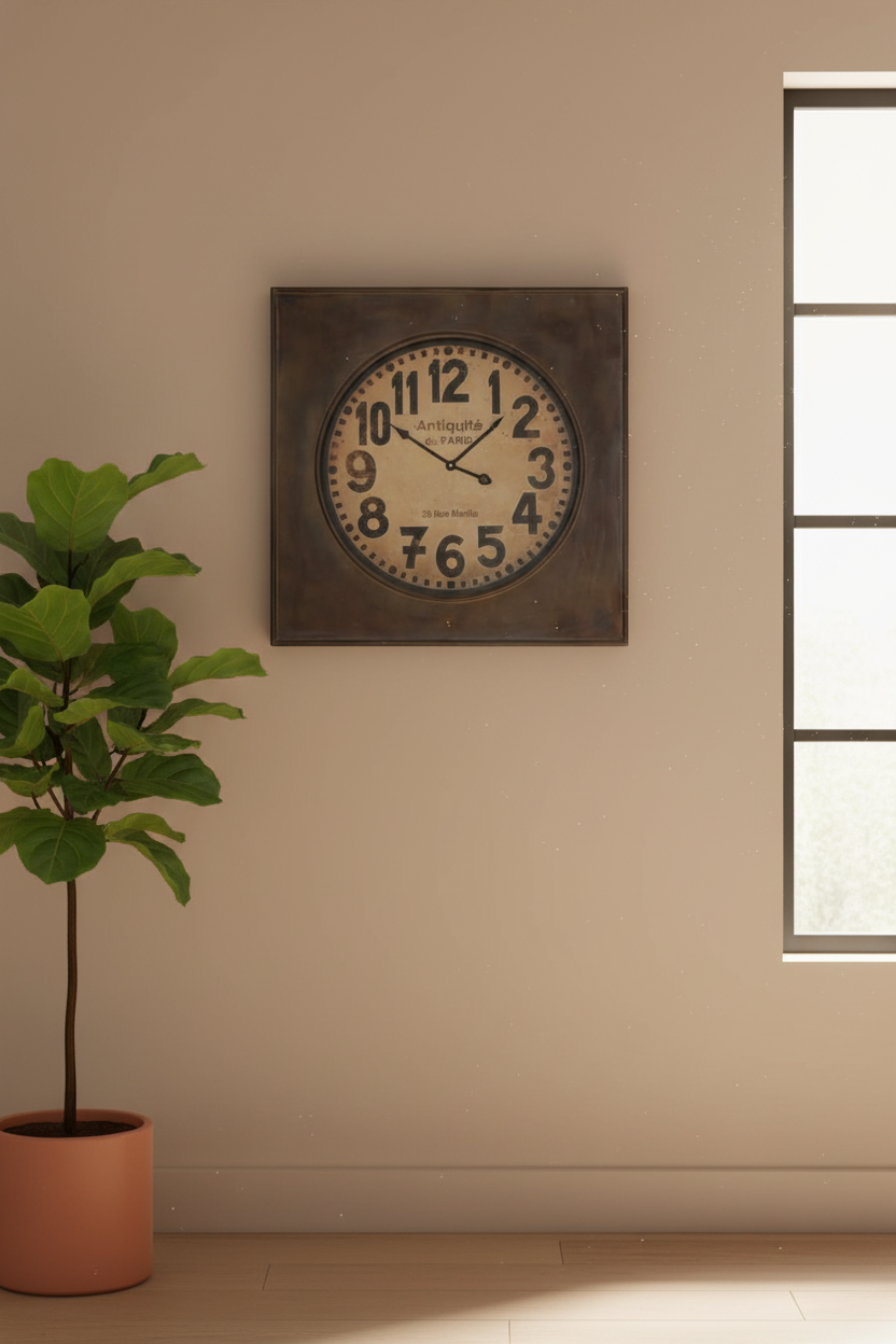 Decorative wall clock on a beige wall with a plant to the left