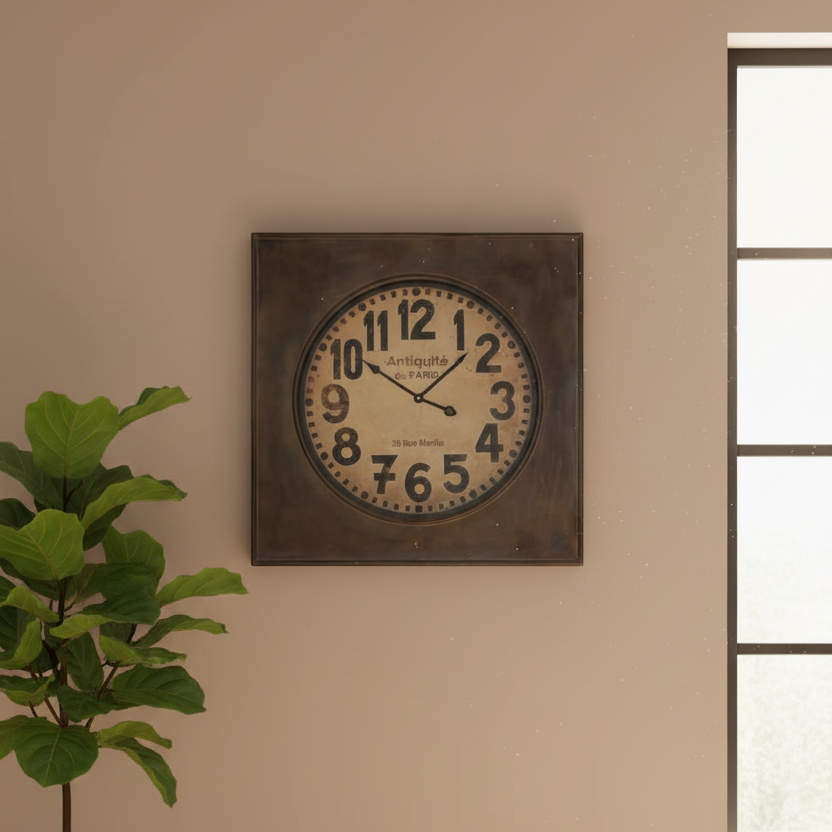 Decorative wall clock on a beige wall with a plant to the left.
