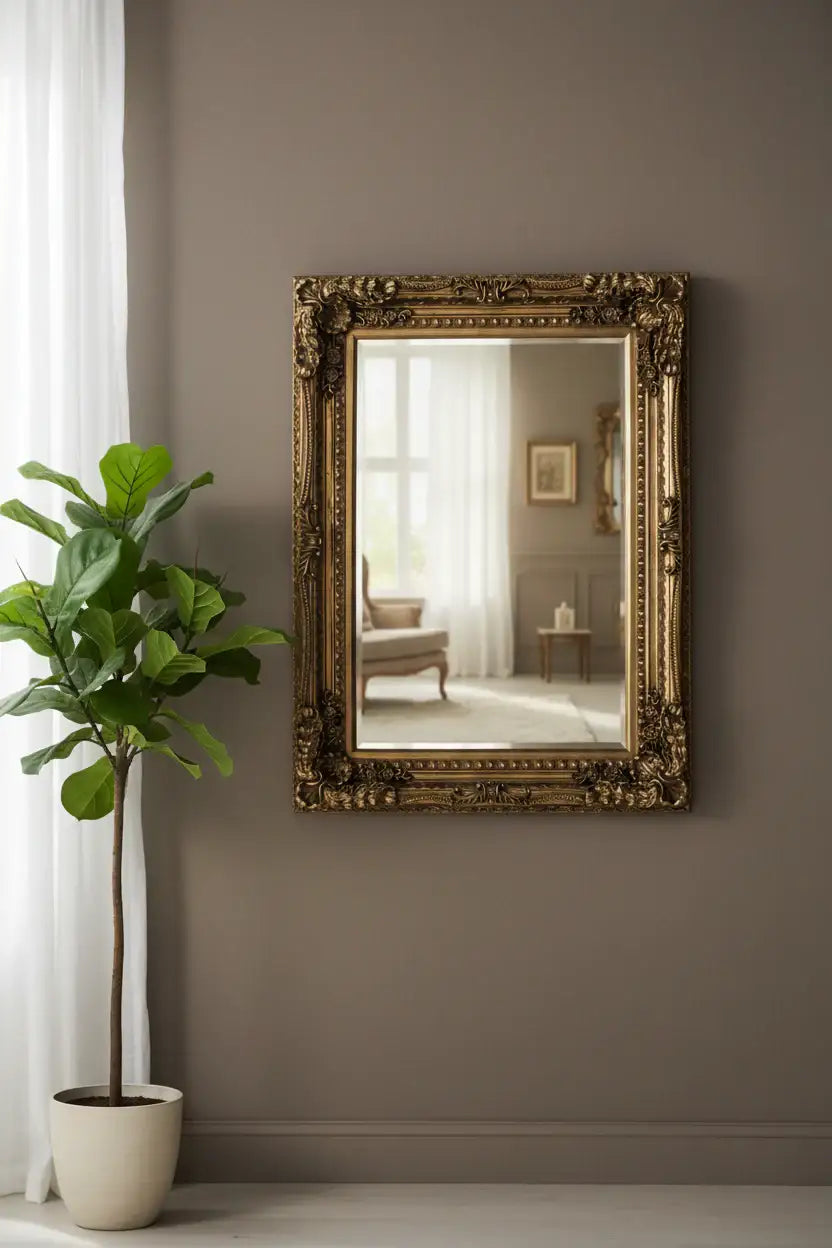 Decorative mirror with gold frame on a wall next to a potted plant