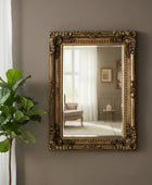Decorative gold-framed mirror on a wall with a plant to the left.