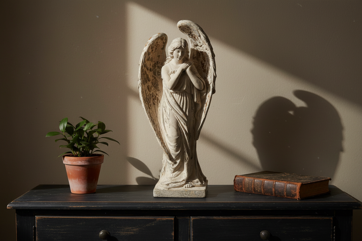 Statue of an angel on a wooden surface with a plant and book in the background