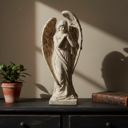 Statue of an angel on a table with a plant and book in the background